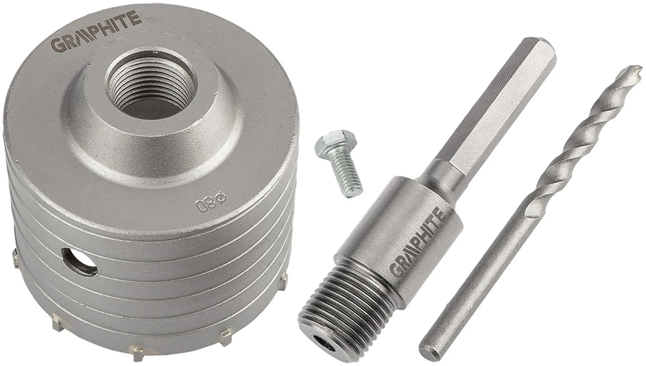 Otwornica 80 mm karbido skylių pjūklas su šešiakampiu adapteriu ir centravimo grąžtu