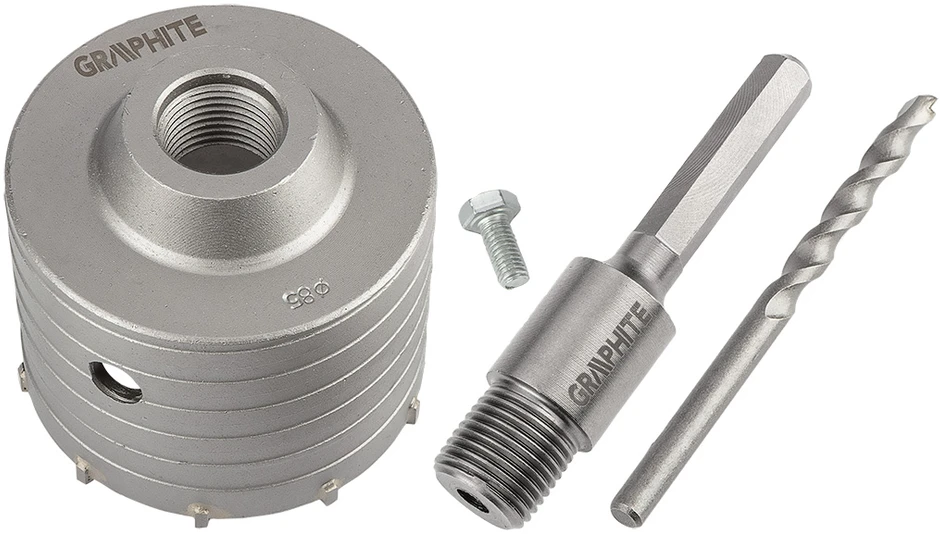 Otwornica 85 mm karbido skylių pjūklas su šešiakampiu adapteriu ir centravimo grąžtu