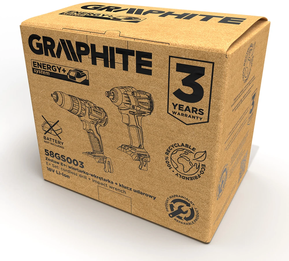 Graphite Rinkinys Rinkinys E+: 58g028 bešepetis smūginis veržliasukis su 58G020 bešepetėliu smūginiu gręžtuvu-suktuvu