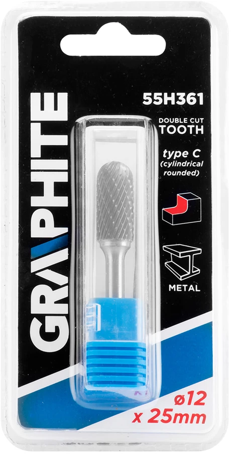 Graphite HM metalo pjaustytuvas, C tipas (cilindrinis suapvalintas), 12 x 25 mm, kotas 6 x 45 mm
