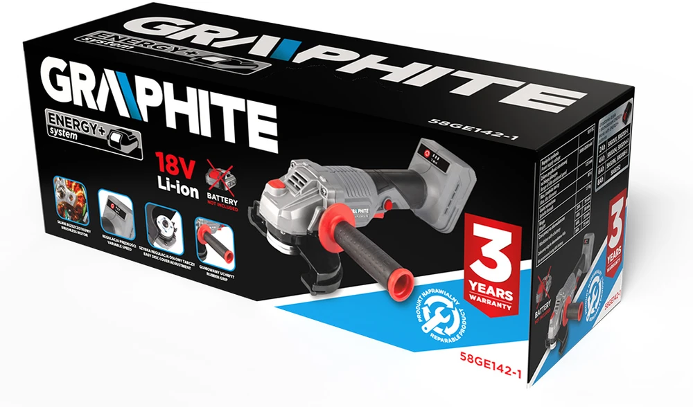 Graphite Kampinis šlifuoklis bešepetėlinis Energy+ 18V su regulacją, 125mm, bez akumulatora