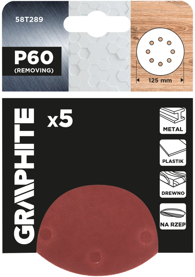 Krążki Šlifavimo diskai su lipdukais, 125 mm, P60, 5 vnt., su 8 skylėmis
