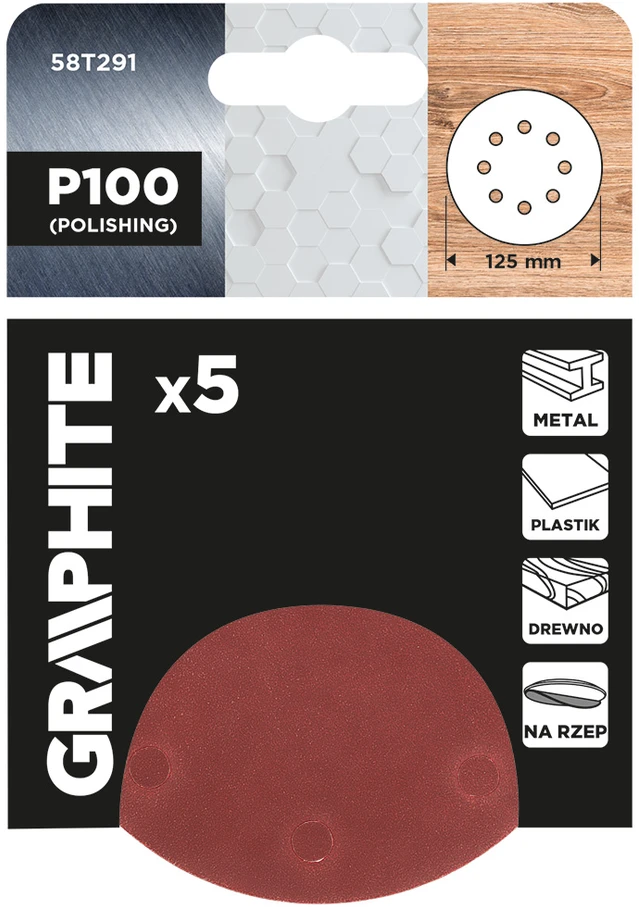 Krążki Šlifavimo diskai su lipdukais, 125 mm, P100, 5 vnt., su 8 skylėmis