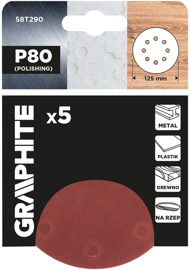 Graphite Krążki Šlifavimo diskai su lipdukais, 125 mm, P80, 5 vnt., su 8 skylėmis