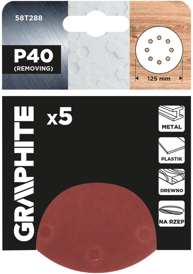 Krążki Šlifavimo diskai su lipdukais, 125 mm, P40, 5 vnt., su 8 skylėmis