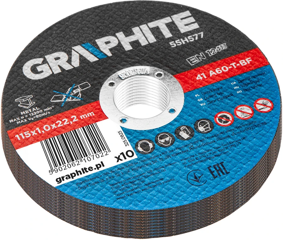 Tarcze Metalo pjovimo diskai 115 x 1,0 x 22,2 mm, 41 A60-T-BF, 10 vnt. folijos