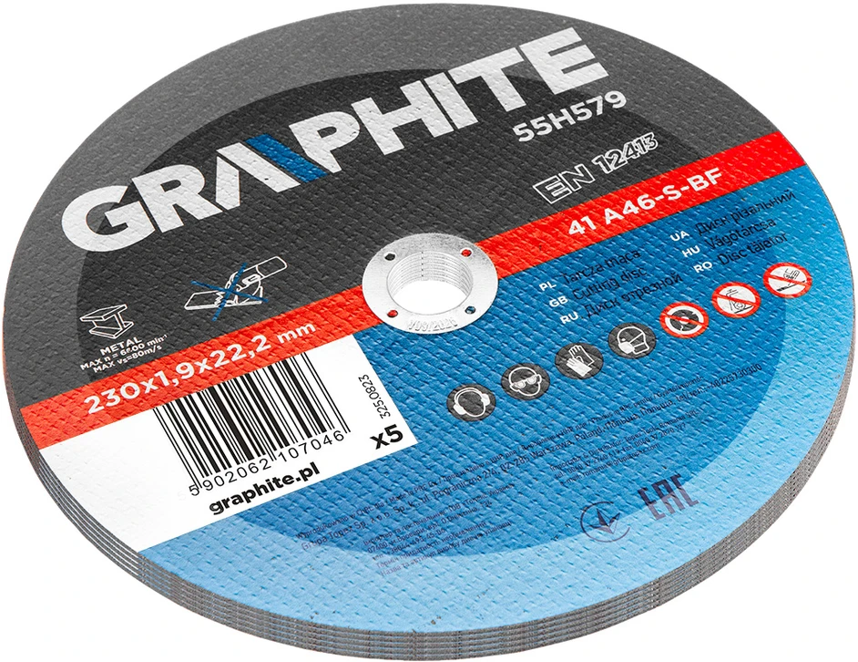 Graphite Tarcze tnące do metalu 230 x 1.9 x 22.2 mm, 41 A46-S-BF, 5 vnt folia