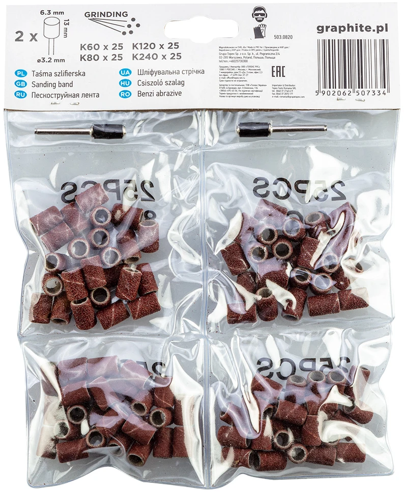 Taśma Šlifavimo juosta 6,3 mm, K60, K80, K120, K240, 100 vnt. rinkinys, + 3,2 mm kotelis, 2 vnt.