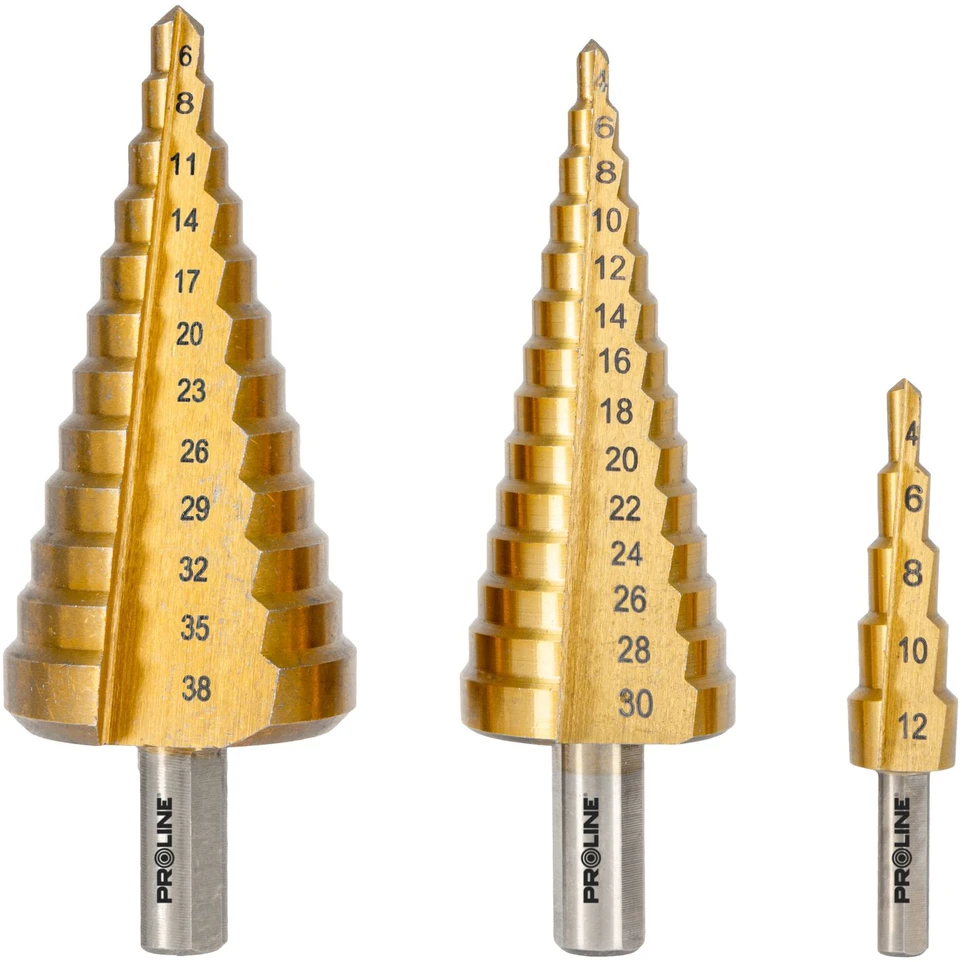 Grąžtas Wiertła Pakopiniai grąžtai metalui, HSS, skardai, 3 vnt. (4 vnt., 4,6 mm), prolinas