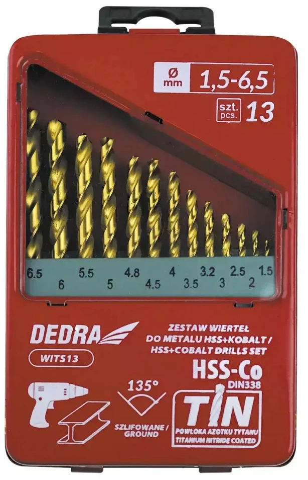 Grąžtas Dedra Rinkinys metalui HSSkobaltasTiN 13 vnt 135