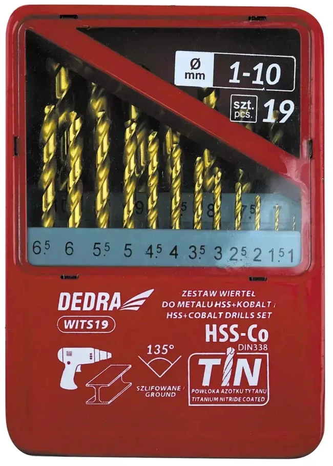Grąžtas Dedra Rinkinys metalui HSSkobaltasTiN 19 vnt 135