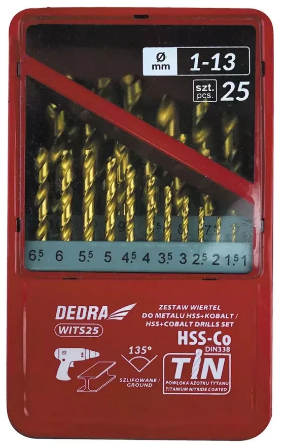 Grąžtas Dedra Rinkinys metalui HSSkobaltasTiN 25 vnt 135