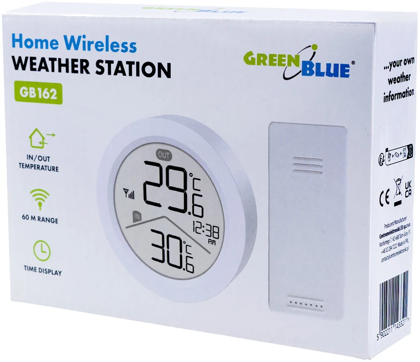 „GreenBlue“ belaidė meteorologinė stotelė, įėjimo/išėjimo temperatūra, laikrodis, °C/°F pasirinkimas, veikimo nuotolis iki 60 m, GB162