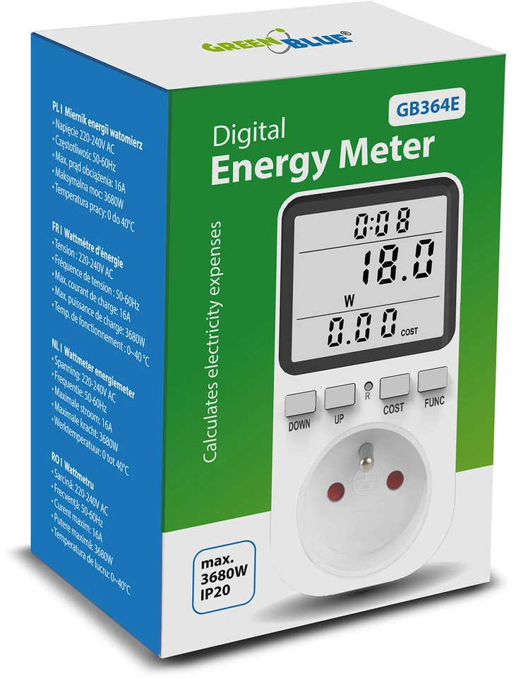 GreenBlue energijos skaitiklis, vatmetras, tipas E, 220-240V AC, 50Hz, maks. apkrova 16A, IP20, įmontuota baterija, GB364 E