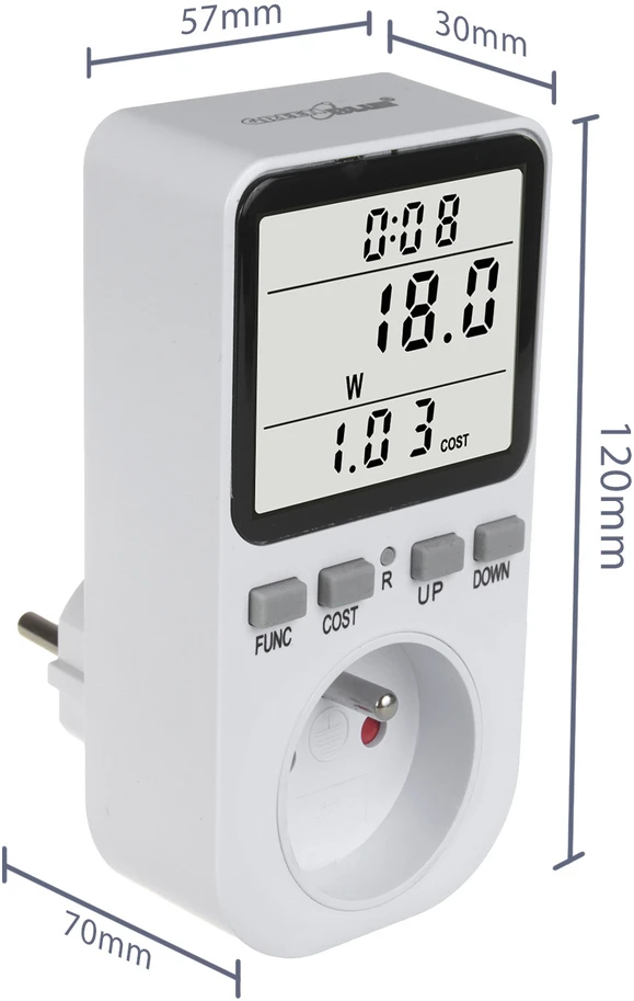 GreenBlue energijos skaitiklis, vatmetras, tipas E, 220-240V AC, 50Hz, maks. apkrova 16A, IP20, įmontuota baterija, GB364 E