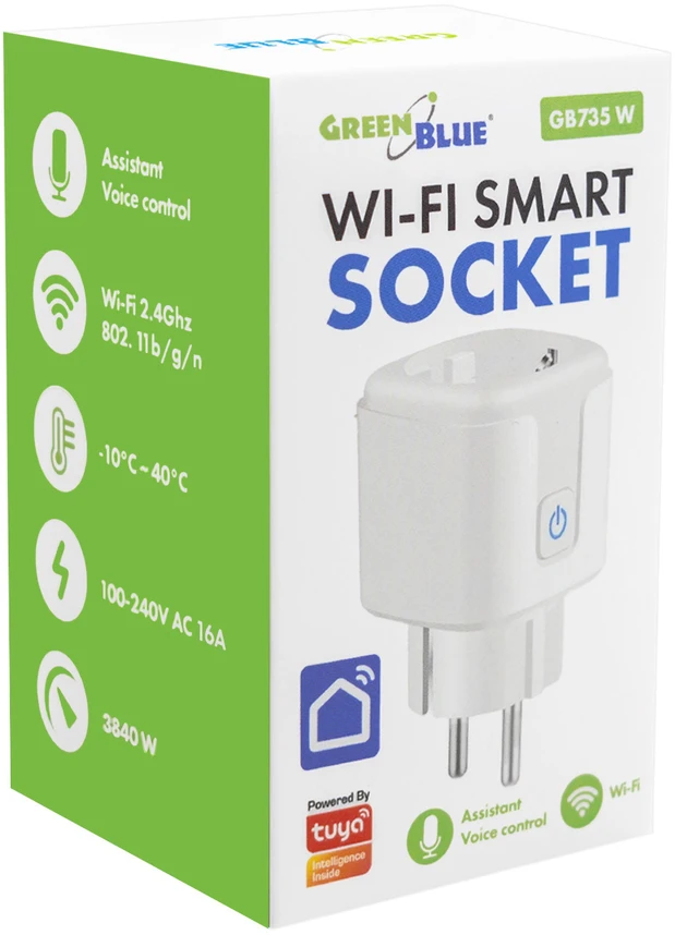 „GreenBlue“ nuotolinio valdymo „WiFi“ lizdas, „Android“ / „iOS“ / „Alexa“ / „Google Home“, laikmatis, vatmetras, maks. 16 A / 3840 W, GB735 W