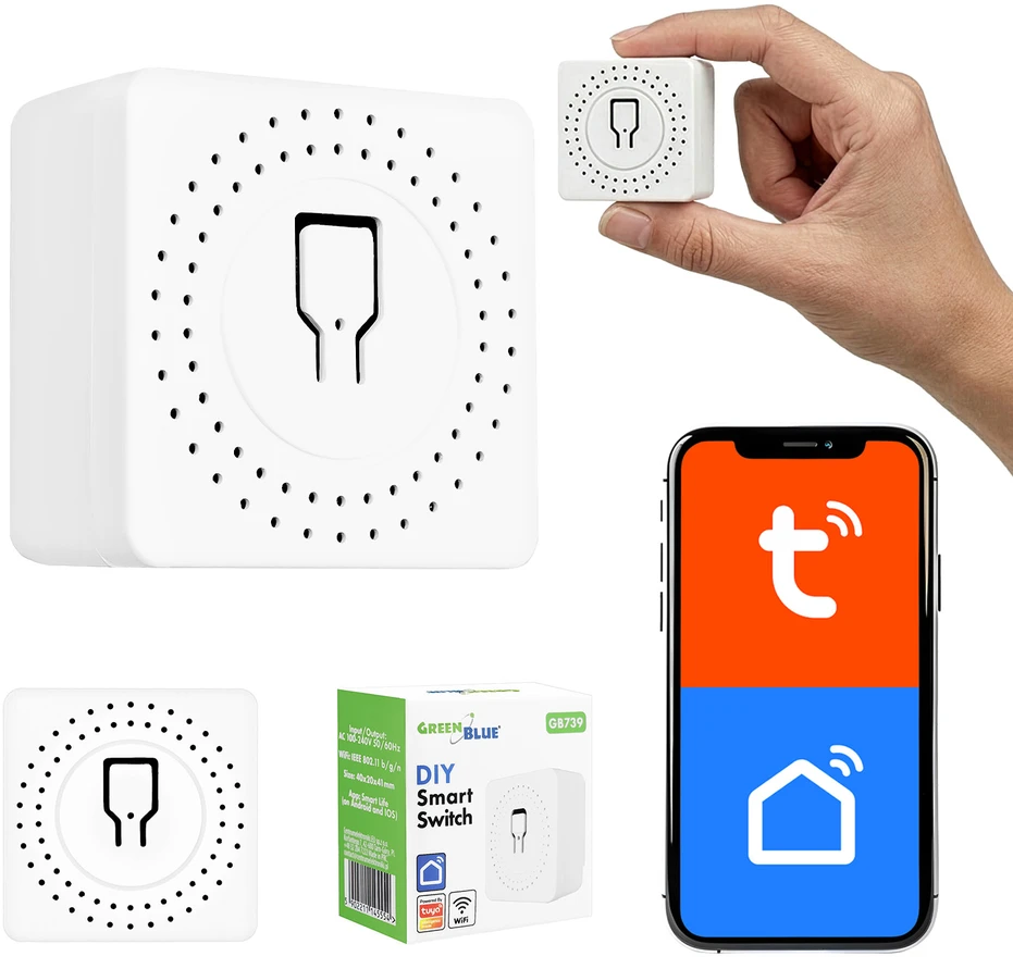 „GreenBlue“ įleidžiama „WiFi“ relė, skirta „Android“ / „iOS“ / „Alexa“ / „Google Home“, 100–240 V kintamoji srovė, 50/60 Hz, maks. 16 A, skirta 150 W šviesos diodams, GB739