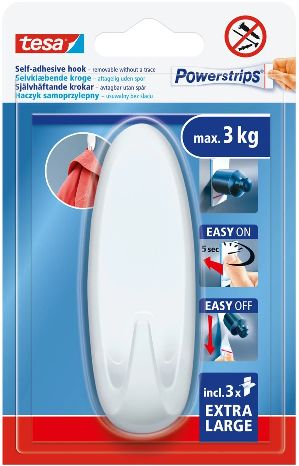 Tesa Haczyk „Powerstrips“ lipnus kabliukas, 1 vnt., ovalus, didelis, baltas