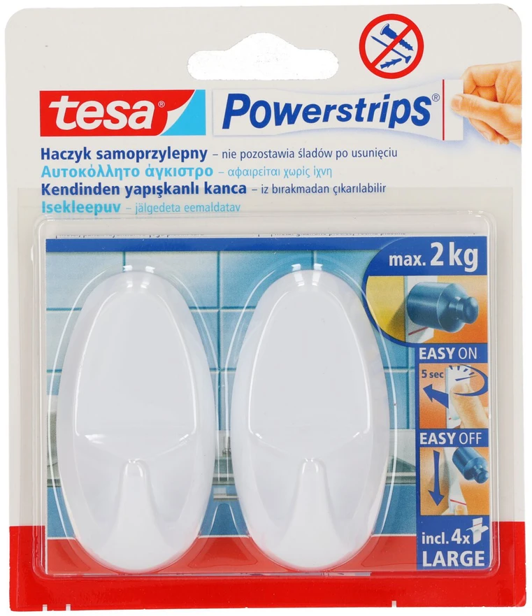 Kabliukai Tesa Power Strips Large Ovale, lipnūs, plastikiniai, balti (2) 2008-101