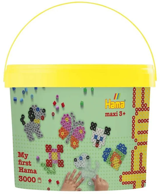 Hama Beads Hama - Maxi karoliukai - 3000 vnt. + 4 lėkštutės kibirėlyje (388806)