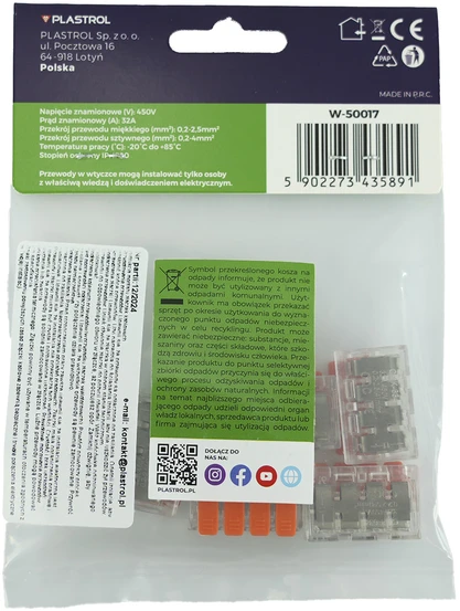 Plastrol Kompletas 5 vnt. greitųjų jungčių su svirtimis, tinkančių visų tipų laidams: sz-4d; 32a; 450v; lankstus laidas 0,2–1,5 mm², standus laidas 0,2–4 mm².