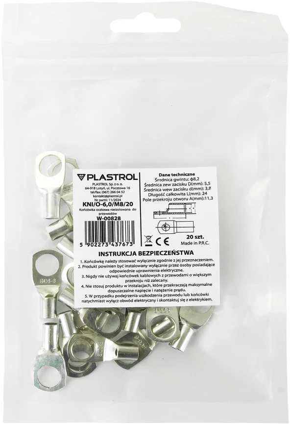 Plastrol Ausinė neizoliuota antgalė laidams 6,0mm2; m8; 20 vnt.