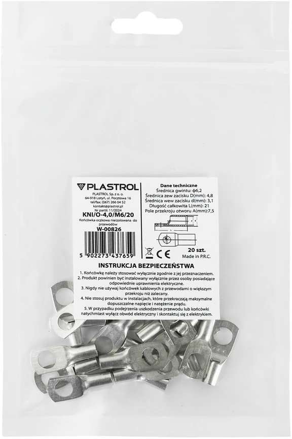 Plastrol Neizoliuotas žiedinis antgalis laidams 4,0 mm2; M6; 20 vnt.