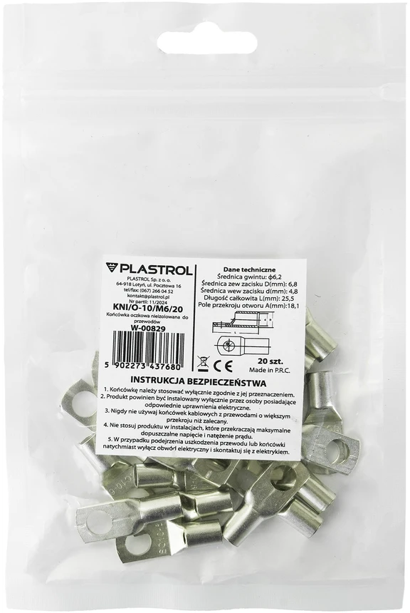 Plastrol Neizoliuotas žiedinis antgalis laidams 10,0 mm2; M6; 20 vnt.