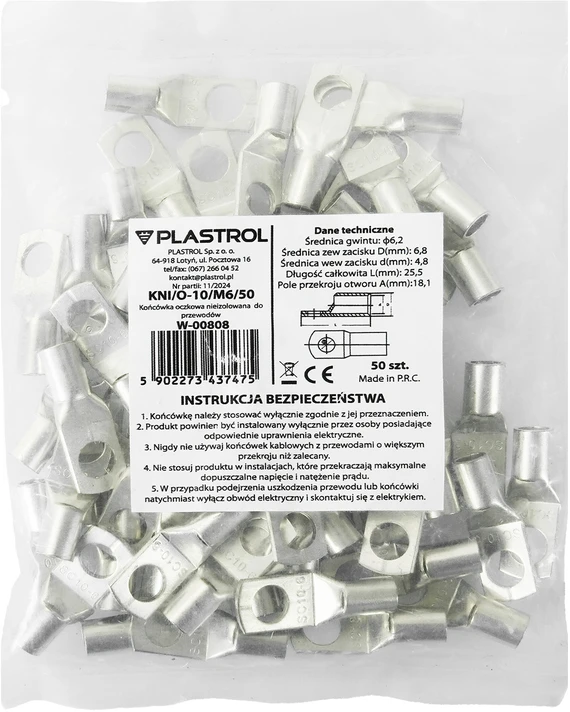 Plastrol Neizoliuotas žiedinis antgalis laidams 10,0 mm²; M6; 50 vnt.
