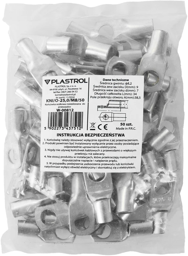 Plastrol Neizoliuotas žiedinis antgalis laidams 25,0 mm2; M8; 50 vnt.