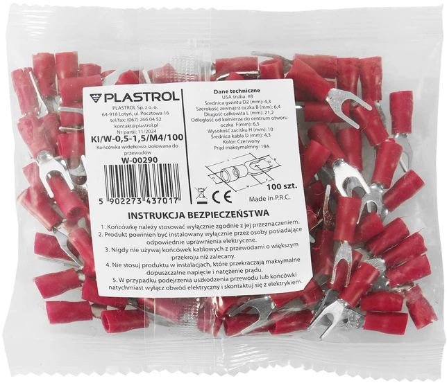 Plastrol Izoliuota šakės formos antgalė laidams 0,5-1,5mm2; M4