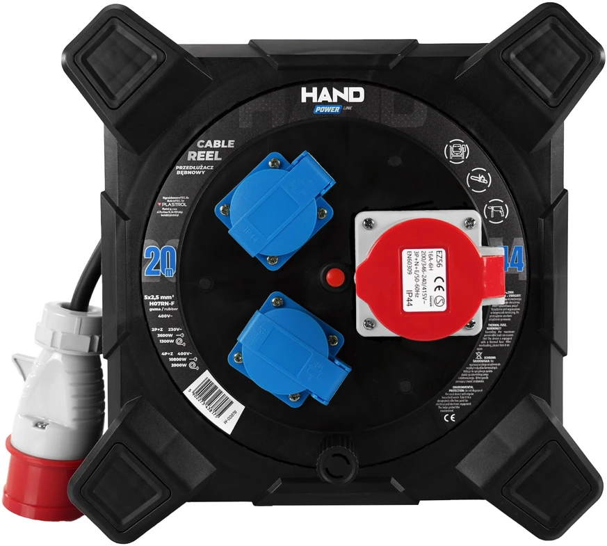 „Hand Power Būgninis prailgintuvas, kvadratinis, linija hand pwr; 4p+su; 2x2p+su; ip44; 16a;400v; h07rn-f; 5×2,5; 20m; juoda“