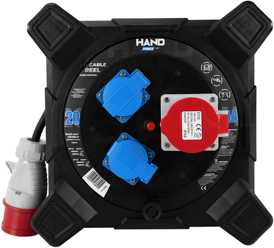 Hand Power Przedłużacz bębnowy kwadratowy linija hand pwr; 4p+su; 2x2p+su; ip44; 16a;400v; h07rn-f; 5×2,5; 20m;schuko; juoda