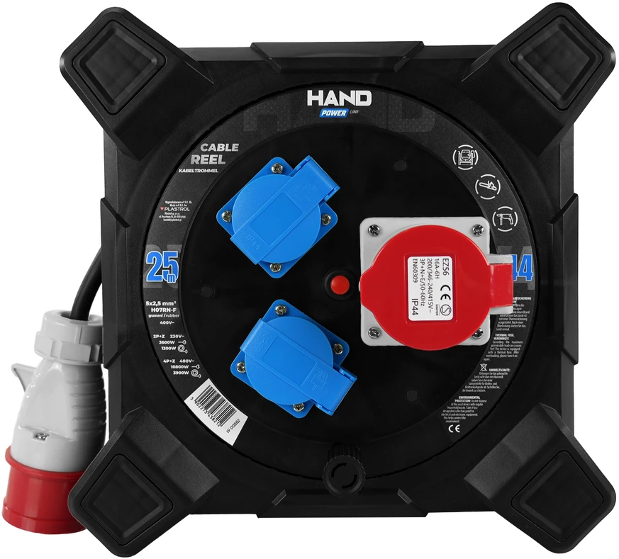 Hand Power Przedłużacz bębnowy kwadratowy linija hand pwr; 4p+su; 2x2p+su; ip44; 16a;400v; h07rn-f; 5×2,5; 25m;schuko; juoda