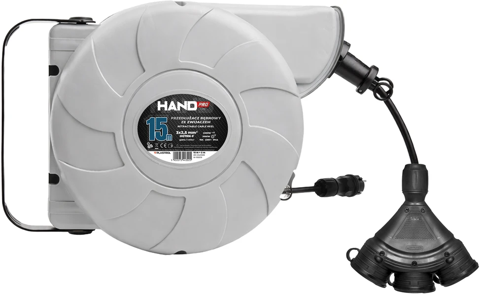 Hand Pro Būgninis ilgintuvas su automatiniu suktuvu 15+2m IP44, 32,5mm, trigubas lizdas ir kištukai extrem