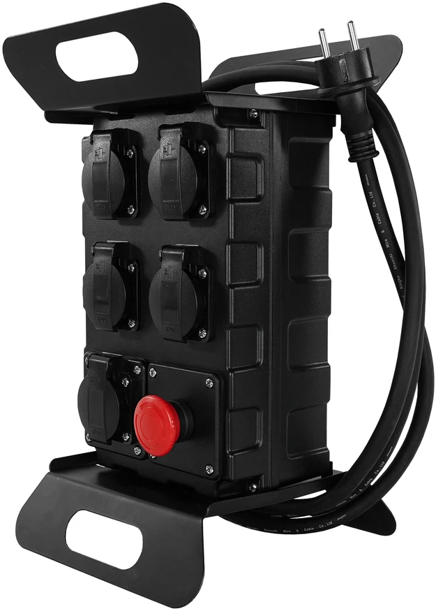 Plastrol Statybinis skirstomasis įrenginys nešiojamas su avariniu išjungikliu su apsauga; H07RN-F; 3×2,5; 230V, 4x2P+uz; 1xUSB; kabelio ilgis 2 m