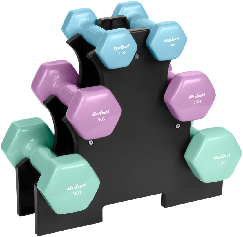 Hantelki żeliwne winylowe HEX komplektas 12kg ze stojakiem (2x1kg+2x2kg+2x3kg), REBEL ACTIVE
