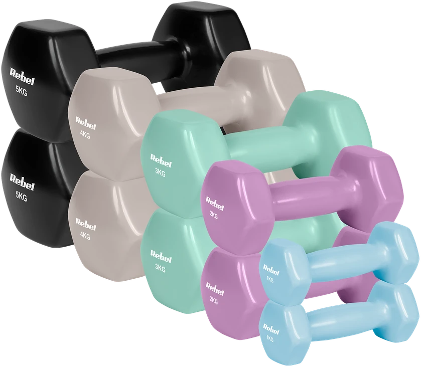 Ketaus vinilo hanteliai HEX rinkinys 30kg (2x1kg+2x2kg+2x3kg+2x4kg+2x5kg), REBEL ACTIVE
