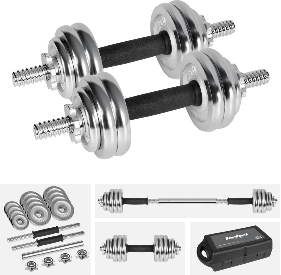 REBEL ACTIVE chromuoti reguliuojamo svorio hanteliai dėkle, 15 kg, su štanga