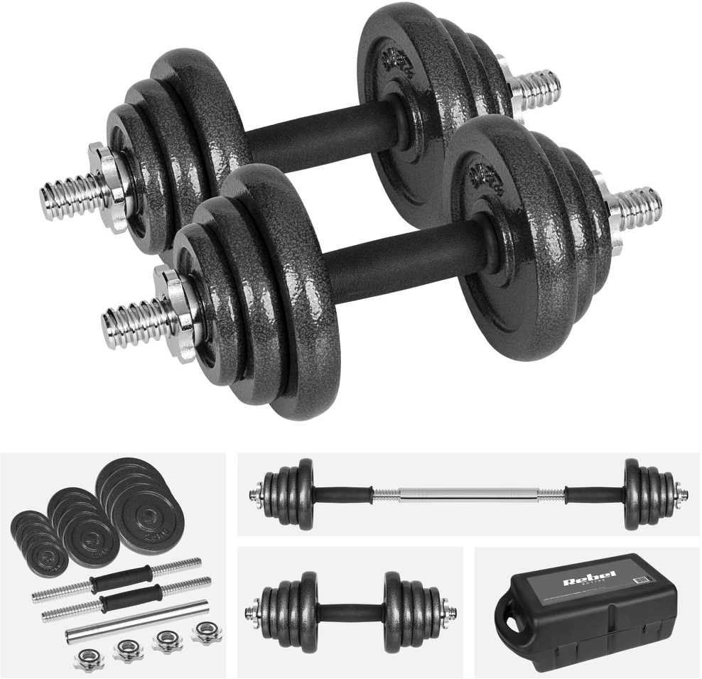 REBEL ACTIVE reguliuojamo svorio hanteliai dėkle, 20 kg, su štanga