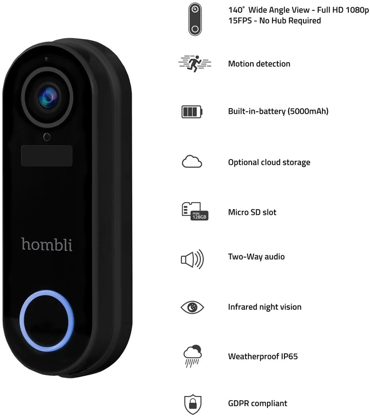 „Hombli“ – išmaniųjų durų skambučių reklaminis rinkinys (2 durų skambutis + 2 varpeliai), juodas