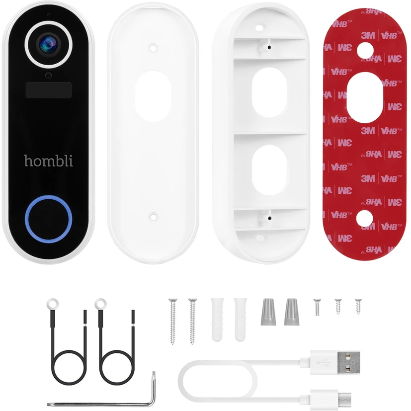 „Hombli“ – išmaniųjų durų skambučių reklaminis rinkinys (2 durų skambutis + 2 varpeliai), baltas