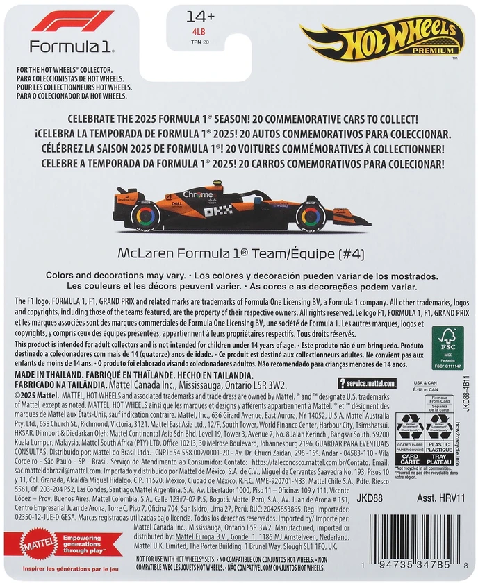 Mattel HOT WHEELS PREMIUM F1 McLaren Lando Norris bolidas 4 (JKD88)