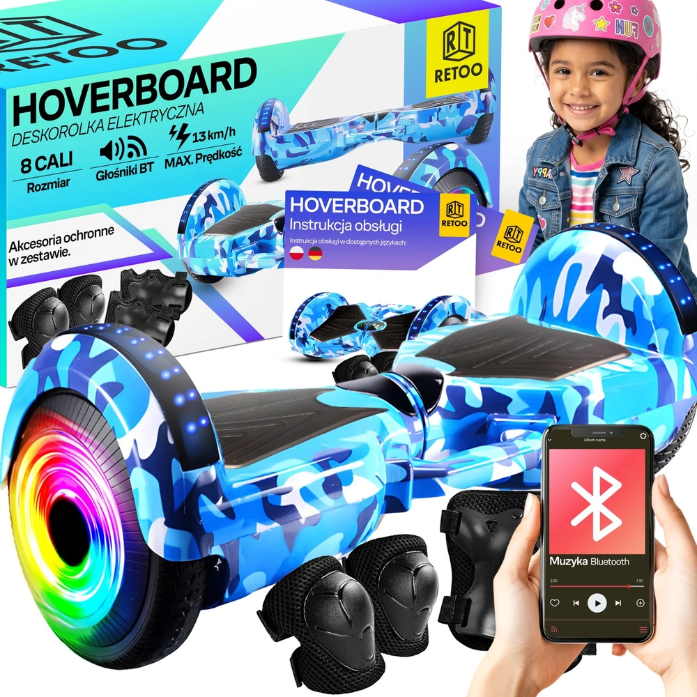Hoverboard 8 colių elektrinė riedlentė su LED plokšte ir garsiakalbių apsaugomis ER033