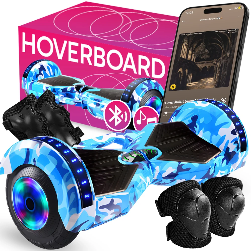 Hoverboard 8 colių elektrinė riedlentė su LED plokšte ir garsiakalbių apsaugomis ER033