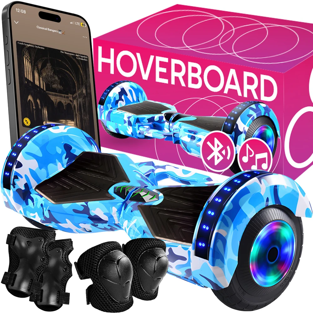 Hoverboard 8 colių elektrinė riedlentė su LED plokšte ir garsiakalbių apsaugomis ER033