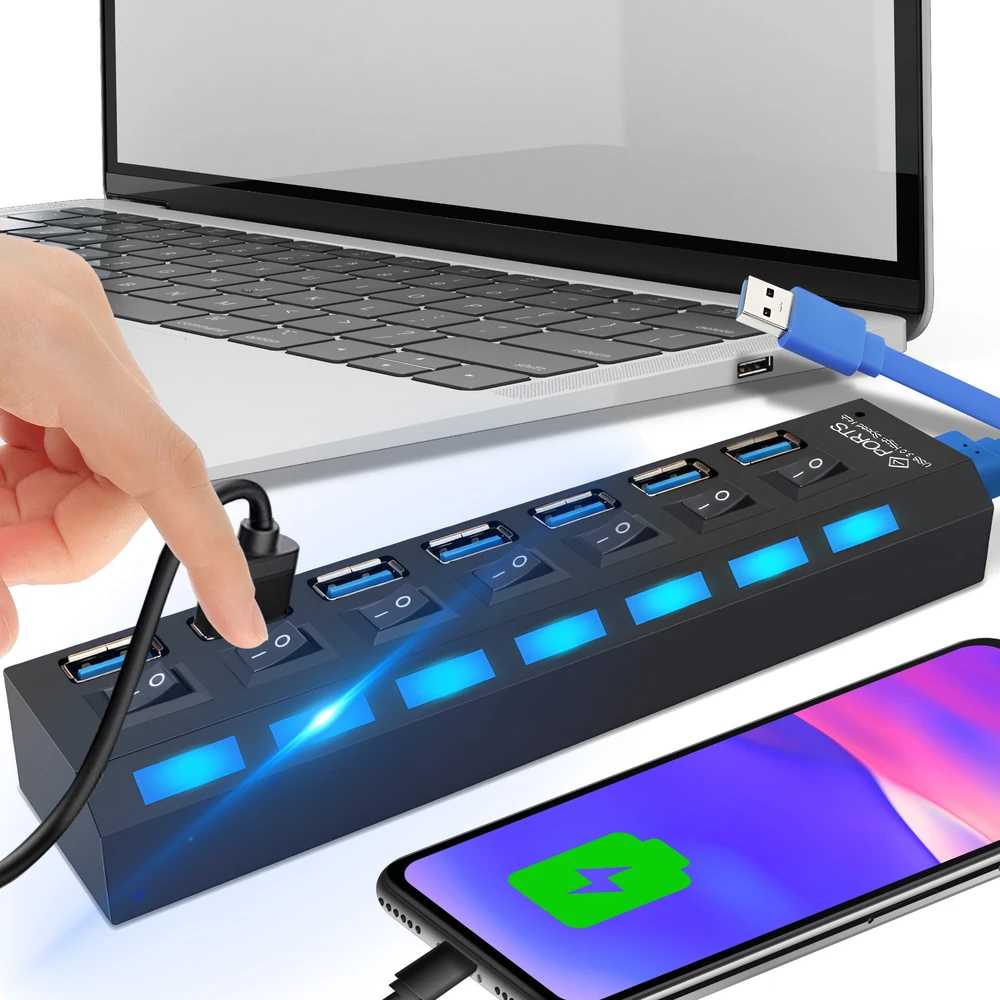 Hub USB šakotuvo skirstytuvas, 7 prievadų, USB 3.0 skirstytuvas