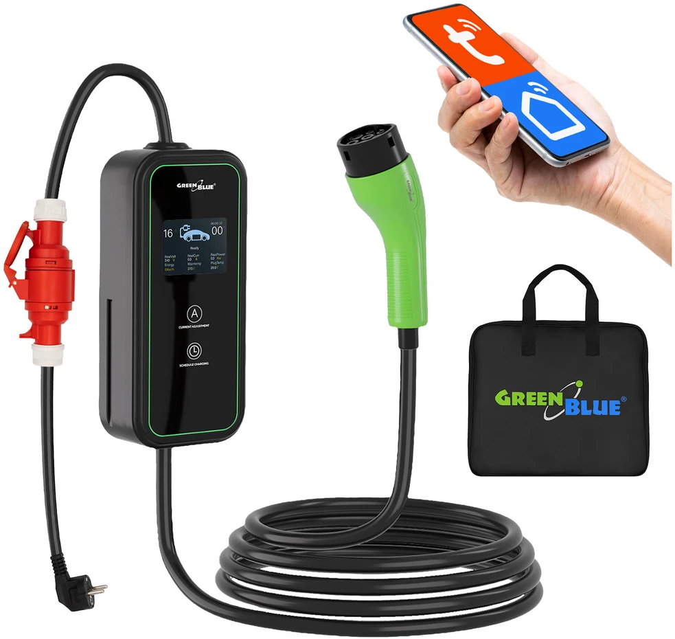 Įkroviklis EV / PHEV GreenBlue, nešiojamas, 2 tipo, laido ilgis 680 cm, IP65, 11 kW, 220–380 V AC 50/60 Hz, 16 A, 3 fazės, GB1100