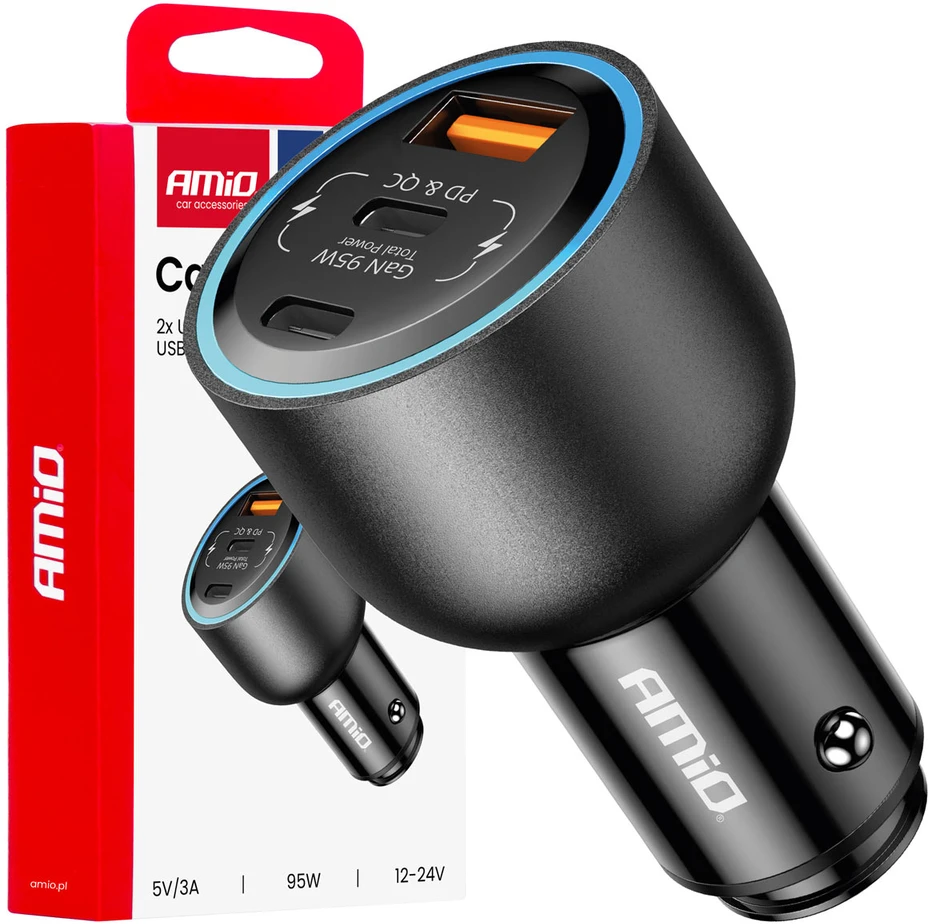 Automobilinis įkroviklis 2x USB-C + USB-A 12/24V 95W AMIO-04372