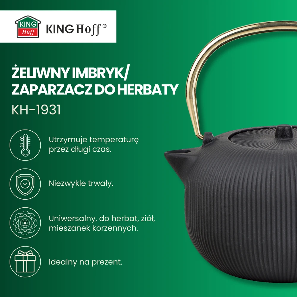 King Hoff Imbryk Ketaus arbatinukas su sieteliu, emaliuotas vidus, 1 l, juodas su auksine rankena, kinghoff, kh-1931